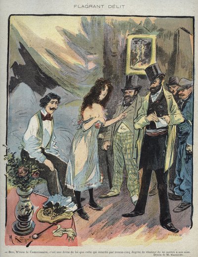 फ्रांसीसी पत्रिका "" ले रीयर """ संख्या 46 डी 1895 - "" फ्लैगेंट डेलिट """ के लिए मौरिस रेडिगेट (1866-1941) का चित्रण - बेन महाशय आयुक्त, यह एक अजीब कानून है जो 35 डिग्री गर्मी से प्रतिबंधित करता है आराम से द्वारा मौरिस रेडिगेट