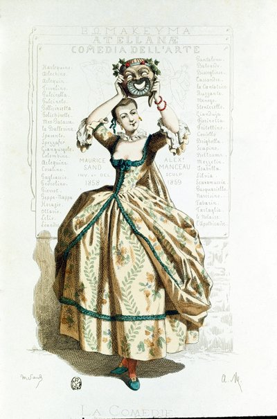Commedia dell'arte: कॉमेडियन का एक महिला चरित्र प्रतीक, एक कॉमेडियन का मुखौटा लहराते हुए, इसके पीछे इतालवी परंपरा के ऐतिहासिक पात्रों के नाम वाला एक पोस्टर है। मौरिस सैंड और एलेक्स मैन्सौ का लिथोग्राफ द्वारा मौरिस रेत