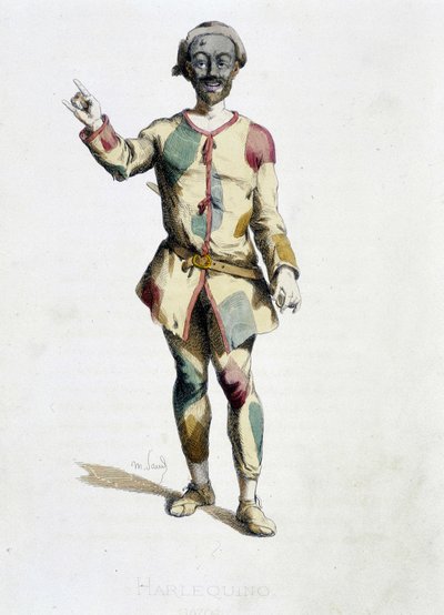 Harlequin (Arlechino) "" Masques et boufons"" (इतालवी कॉमेडी), मौरिस सैंड द्वारा टेक्स्ट और ड्रॉइंग, A. Manceau द्वारा प्रिंट, जॉर्जेस सैंड द्वारा प्रस्तावना से ड्रा करता है द्वारा मौरिस रेत