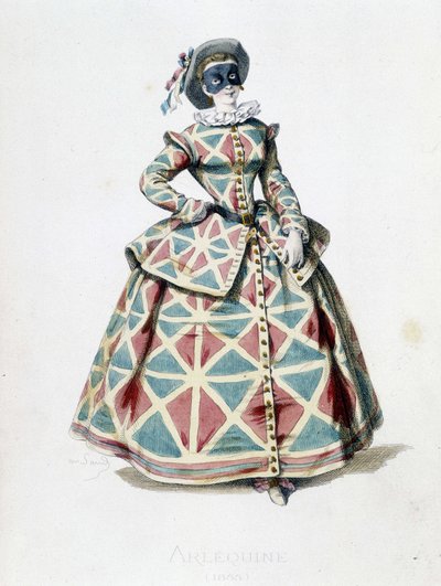 1855 में हार्लेक्विन पोशाक और मुखौटा, कॉमेडीया dell'arte में हार्लेक्विन की महिला चरित्र। "" मास्क्स एट बफन्स "" से ए। मैन्सौ द्वारा उत्कीर्ण, मौरिस सैंड द्वारा पाठ और चित्र (1823-1889), जॉर्जेस सैंड द्वारा प्रस्ताव द्वारा मौरिस रेत