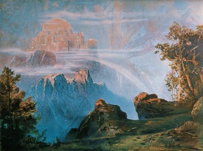 रिचर्ड वैगनर (1813-1883) द्वारा जर्मनी, बेयरुथ, वालहैला, रिंग ऑफ निबेलुंग्स के प्राकृतिक डिजाइन के लिए पृष्ठभूमि द्वारा मैक्स ब्रूनर