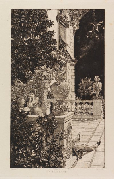 फ़्लैगरांटी में, ड्रामा से, ओपस IX ड्रामामेन, ओपस IX, 1883। द्वारा मैक्स क्लिंगर