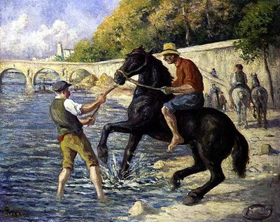 घोड़ों को नहलाना, c.1910 (कैनवास पर तेल) द्वारा मैक्सिमिलिन लूस