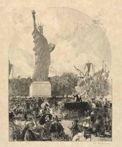 लिबर्टी एनलाइटिंग द वर्ल्ड, 1885 में अमेरिकियों द्वारा पेरिस शहर की पेशकश की गई। द्वारा मई 30 ले मोंडे इलस्ट्रे में प्रकाशित 1885