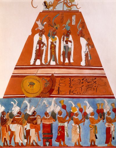 बोनम्पक, चियापास (मेक्सिको) में भित्तिचित्र। जुलूस का एक दृश्य दिखाते हुए विवरण। माया सभ्यता, 9वीं शताब्दी। द्वारा माया