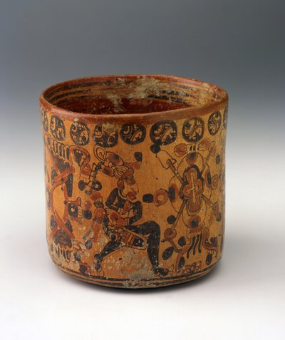 सिलेंडर फूलदान, c.650-850 (नारंगी पर्ची पेंट पर लाल और काले रंग के साथ सिरेमिक) द्वारा माया मय