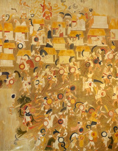एक युद्ध के दृश्य को दर्शाते हुए चिचेन इट्ज़ा (युकाटन, मैक्सिको) से एक माया पेंटिंग का पुनर्निर्माण। माया सभ्यता। द्वारा माया मय