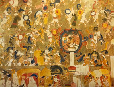 एक युद्ध के दृश्य को दर्शाते हुए चिचेन इट्ज़ा (युकाटन, मैक्सिको) से एक माया पेंटिंग का पुनर्निर्माण। माया सभ्यता। द्वारा माया मय