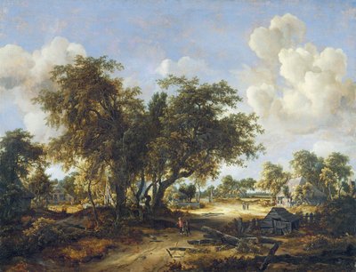 कॉटेज के साथ वुडेड लैंडस्केप, 1665 द्वारा मेइंडर्ट हॉबेमा