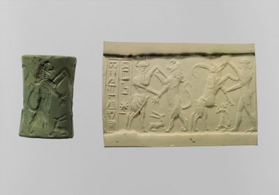 आधुनिक प्रभाव c.2250-2150 ईसा पूर्व के साथ युद्ध की सिलेंडर सील (अल्बाइट) द्वारा मेसोपोटामियन मेसोपोटामियन