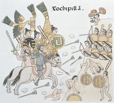 स्पैनिश और एज़्टेक के बीच Xochipilla की लड़ाई, एक मैक्सिकन भारतीय चित्र इतिहास की एक व्याख्या से चित्रण Lienzo de Tlaxcala of c.1550, 1892 द्वारा मैक्सिकन स्कूल
