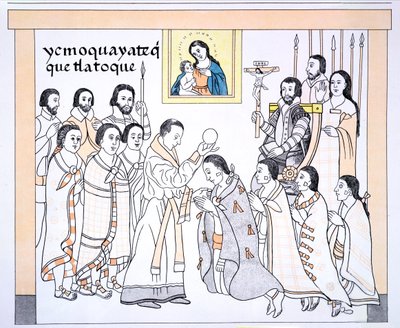 हर्नान्डो कोर्टेस (1485-1547) के घर में एक पुजारी से कम्युनिकेशन प्राप्त करने वाले काकसीस, मैक्सिकन भारतीय चित्र इतिहास के एक विवरण से लीज़ो डी ट्लैक्सक्लाला के सी .550, 1892 (रंग जलाया) द्वारा मैक्सिकन स्कूल