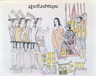 ला मालिनचे (डोना मरीना) मोंटेज़ुमा (1466-1520) द्वारा हर्नान्डो कोर्टेस (1485-1547) की प्रस्तुति के दौरान एक मैक्सिकन भारतीय चित्र के चित्रण से व्याख्या के रूप में अभिनय करती हैं। द्वारा मैक्सिकन स्कूल