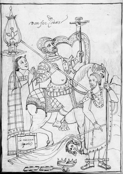 एम एस हंटर 242 f.246v, हॉर्सबैक पर कोर्टेस, पराजित एज़्टेक किंग मॉक्टेज़ुमा के ऊपर, डिएगो मुनोज़ कैमारगो द्वारा हिस्टोरिया डे ट्लैक्सकाला से चित्रण द्वारा मैक्सिकन स्कूल
