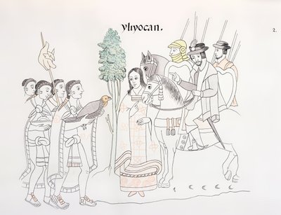 हर्नान्डो कोर्टेस (1485-1547) और एज़्टेक की बैठक, एक मैक्सिकन भारतीय चित्र इतिहास की धारणा से चित्रण c.1550, 1892 के Lienzo de Tlaxcala द्वारा मैक्सिकन स्कूल