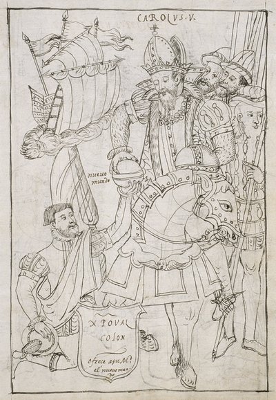 मिस्री हंटर 242 f.249r क्रिस्टोफर कोलंबस (1451-1506) ऐतिहासिक रूप से डिएगो मुनोज़ कैमारगो द्वारा हिस्टोरिया डे टलैक्सकाला से चार्ल्स वी (1500-08) को नई दुनिया प्रदान करता है। द्वारा मैक्सिकन स्कूल