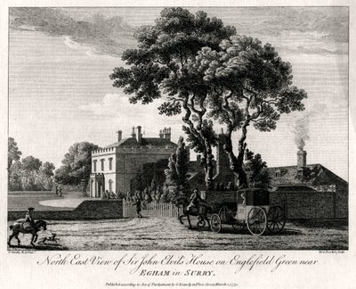 1775 में सरी में एगहम के पास एंगलफील्ड ग्रीन पर सर जॉन एल्विल्स हाउस का नॉर्थ ईस्ट व्यू द्वारा माइकल एंजेलो रूकर