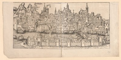 नूर्नबर्ग क्रॉनिकल: बेसल, स्विट्जरलैंड का स्थलाकृतिक दृश्य, 1493। द्वारा माइकल वोल्गेमुट