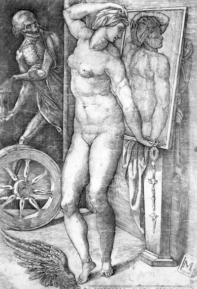 नग्न एक दर्पण में खुद को देख, मोनोग्रामसिस्ट द्वारा किए गए प्रिंट द्वारा Michelangelo Buonarroti