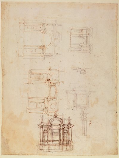 विजयी संरचना के लिए अध्ययन एक विजयी मेहराब के रूप में, c.1516 (कागज पर पेन und ब्राउन स्याही के साथ काला चाक) (रेक्टो) (191776 के लिए देखें) द्वारा माइकल एंजेलो बुओनारोती