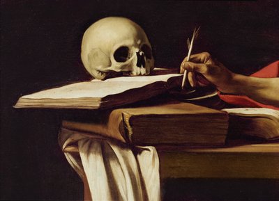 सेंट जेरोम, लेखन (पेंटिंग 64912 से विवरण) द्वारा माइकल एंजेलो मर्सी कारवागियो