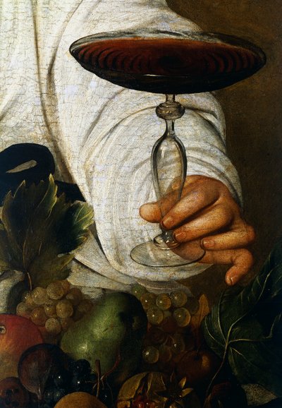 शराब का गिलास, Bacchus . से विवरण द्वारा माइकल एंजेलो मर्सी दा कारवागियो