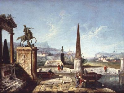 शास्त्रीय स्मारकों का एक Capriccio, एक पूल और पहाड़ों से परे सैनिकों के साथ एक ओबिलिस्क (कैनवास पर तेल) द्वारा मिशेल मारिच्ची