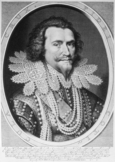 जॉर्ज विलियर्स का पोर्ट्रेट, बकिंघम का पहला ड्यूक (1592-1628) विलेम जैकब्स द्वारा उत्कीर्ण किया गया। डेल्फ़ (1580-1638) 1626 (उत्कीर्णन) (bw फोटो) द्वारा मिचेल जांज़ वान मिरेवेल्ड