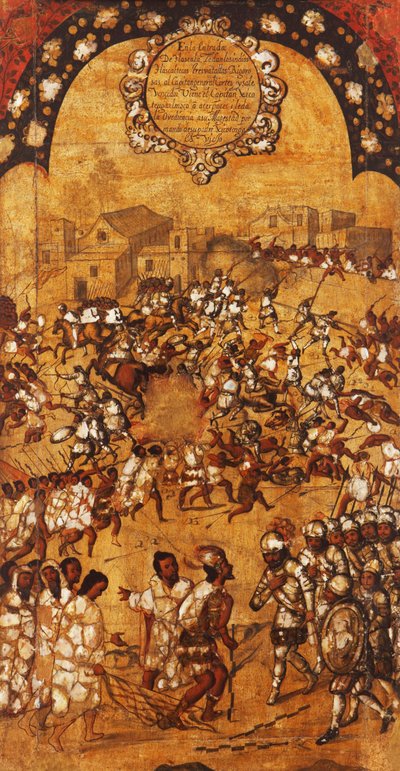 मेक्सिको की विजय, पैनल V, c.1696-1715 (लकड़ी पर पेंट) द्वारा मिगुएल गोंजालेज