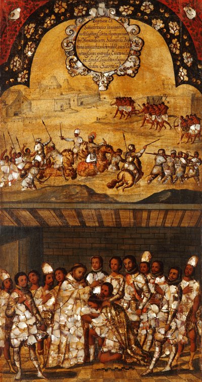 मेक्सिको की विजय, पैनल XIX, c.1696-1715 (लकड़ी पर पेंट) द्वारा मिगुएल गोंजालेज