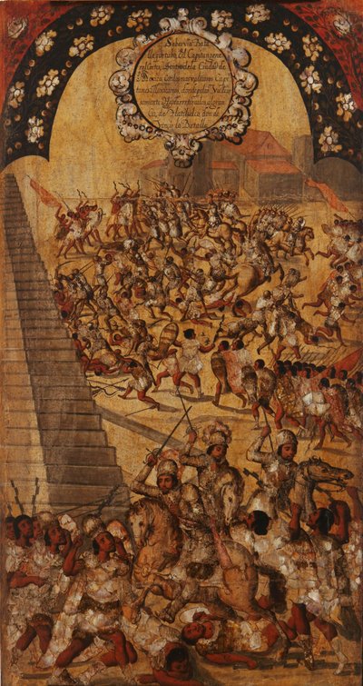 मेक्सिको की विजय, पैनल XVI, c.1696-1715 (लकड़ी पर पेंट) द्वारा मिगुएल गोंजालेज