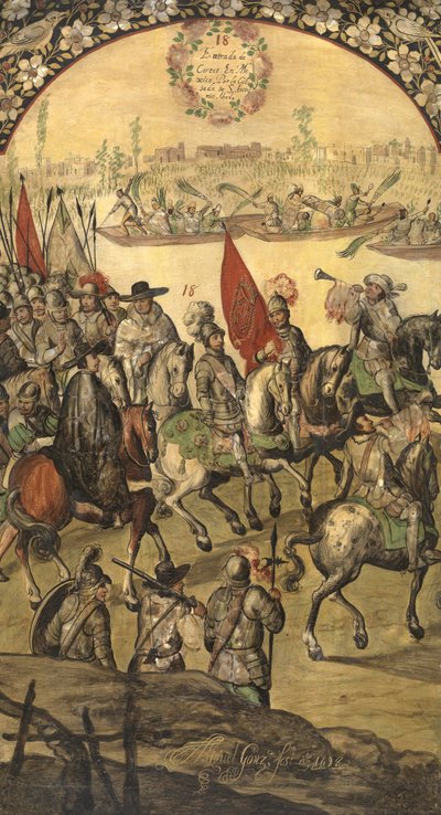 हर्नान (या हर्नांडो) कोर्टेस या फर्नांड कॉर्टेज़ (1485-1547) और उनके रेटिन्यू टेनोच्टिट्लान (मेक्सिको) - द कॉन्क्वेस्ट ऑफ मैक्सिको में हर्नान कोर्टेस द्वारा गोंजालेज, मिगुएल और जुआन (17 वीं शताब्दी का सक्रिय अंत) में आते हैं। लकड़ी पर तेल, आकार: 97x53 द्वारा मिगुएल और जुआन गोंजालेज