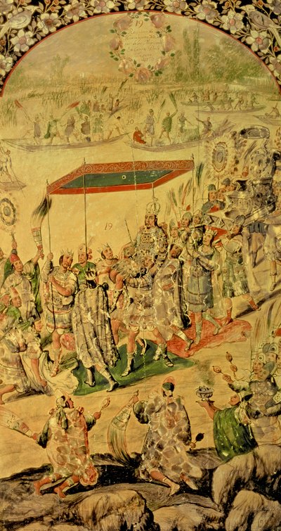 हर्नान्डो कोर्टेस (1485-1547) और मोंटेज़ुमा (1466-1520) के बीच मुठभेड़ का चित्रण करने वाले पैनलों की एक जोड़ी: मोंटेज़ुमा और उनके अनुयायी द्वारा मिगुएल और जुआन गोंजालेज