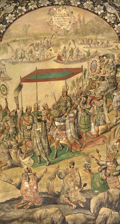 मोंटेज़ुमा का स्वागत (मोक्टेज़ुमा, मोटुकज़ोमा, मोटेकुहोमा) (1466-1520) - मेक्सिको की विजय हर्नान कोर्टेस पार गोंजालेज, मिगुएल और जुआन द्वारा (17 वीं शताब्दी का सक्रिय अंत)। लकड़ी पर तेल, आकार: 97x53 द्वारा मिगुएल और जुआन गोंजालेज