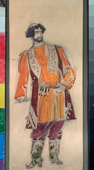 निकोलस (निकोलाई) रिमस्की कोर्साकोव (रिमस्की-कोर्साकोव) (1844-1908) द्वारा ओपेरा quot;द ब्राइड ऑफ द ज़ारquot; के लिए पुरुष प्रारंभिक पोशाक (एन रिमस्की कोर्साकोव (रिमस्की-कोर्साकोव) द्वारा ओपेरा द ब्राइड ऑफ द ज़ार के लिए पोशाक डिजाइन - मिखाइल एलेक्जेंड्रो का द्वारा मिखाइल अलेक्जेंड्रोविच व्रुबेल