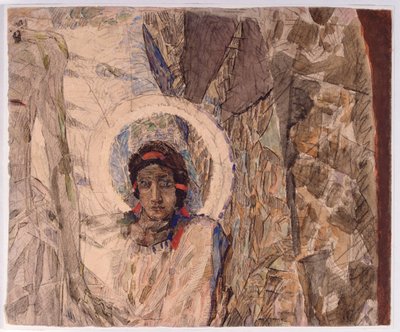 देवदूत का सिर - मिखाइल एलेक्ज़ेंड्रोविच व्रुबेल (व्रुबेल) (1856-1910) द्वारा बनाई गई कलाकृति, कागज़ पर पानी के रंग से बनाई गई कलाकृति द्वारा मिखाइल अलेक्जेंड्रोविच व्रुबेल