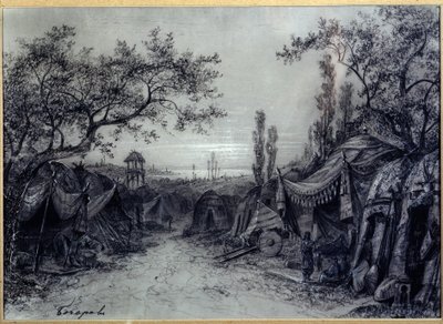 अलेक्जेंडर बोरोडिन (1833-1887) द्वारा रचित ओपेरा quot;प्रिंस इगोरquot; के लिए प्रारंभिक सेट (ए. बोरोडिन द्वारा रचित ओपेरा quot;प्रिंस इगोरquot; के लिए मंच सज्जा)। पेड़ों से घिरे तंबुओं से बना एक सैन्य शिविर, जिसमें एक संगीतकार सहित तीन आकृतियाँ हैं। मिखाइल द्वारा मिखाइल इलिच बोचारोव