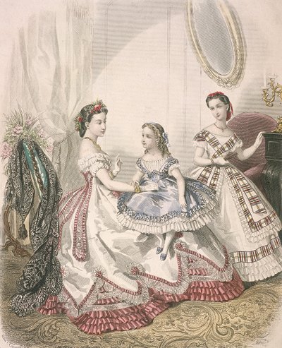 नवीनतम इनडोर फैशन पहने हुए दो महिलाएं और एक छोटी लड़की, c1860 द्वारा मिलिया लैकोरिएर