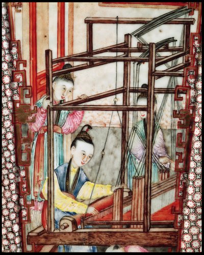 रेशम की बुनाई (सिरेमिक) को दर्शाने वाले फूलदान का विवरण द्वारा मिंग राजवंश चीनी स्कूल