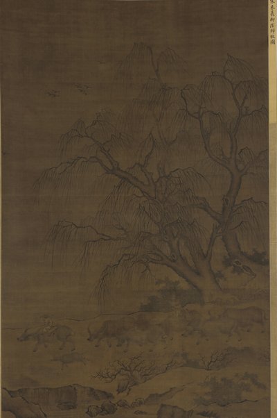 विलो-पेड़ों के नीचे पानी-भैंस और परिचारक द्वारा Ming Dynasty Chinese School