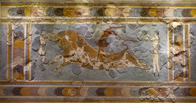 छलांग लगाने वाले बुल फ्रेस्को का विवरण। नोसोस में मिला द्वारा Minoan