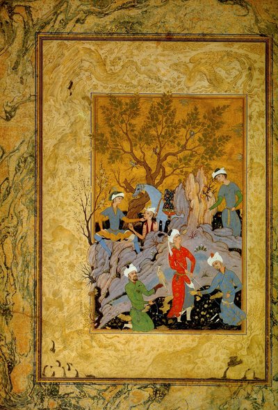 पहाड़ों में एक राजसी हॉकिंग पार्टी, c1575। द्वारा मिर्जा अली