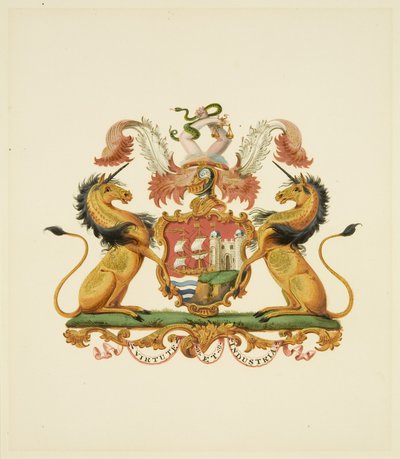 आर्म्स ऑफ़ द सिटी ऑफ़ ब्रिस्टल, c.1830 (पेंसिल और वॉटरकलर पेपर) द्वारा मिस (attr.to) ब्रेकेनरिज