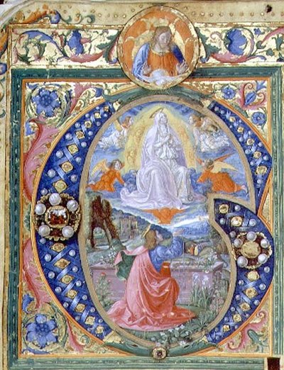 f.106v एक मिसाल (वेल्लम) से वर्जिन की धारणा के साथ ऐतिहासिक प्रारंभिक 'जी' द्वारा मोंटे दी गियोवन्नी डेल फोरा