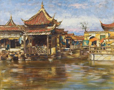 एक टी हाउस, शंघाई, c.1909 (बोर्ड पर गौचे और तेल) द्वारा मोर्टिमर लुडिंगटन मेनप्स