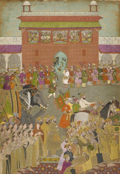 17 वीं शताब्दी के मध्य में मुगल काल के पद्शनम की एक प्रति से संगीतकारों के साथ एक जुलूस दृश्य द्वारा मुगल स्कूल