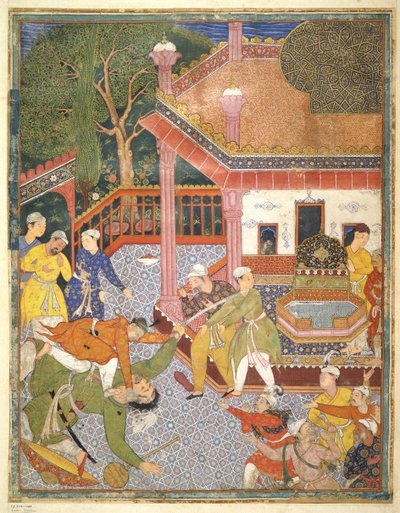 एक नायक आंगन में दर्शकों की भीड़ से पहले एक विशालकाय व्यक्ति को मारता है, हमजा नामा से चित्रण, c.1555-67 (कपास पर बॉडीकोल) द्वारा मुगल स्कूल