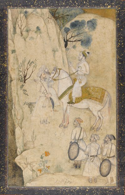 घोड़े पर एक राजकुमार, पांच परिचारकों के साथ, एक झरना के बारे में (कलम और स्याही के साथ wc, ग्रेफाइट और कागज पर सोना) द्वारा मुगल स्कूल