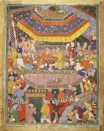अलमशाह ने कुबद के साथ बातचीत की, हमजा नामा से चित्रण, c.1555-57 (कपास पर बॉडी कलर) द्वारा मुगल स्कूल