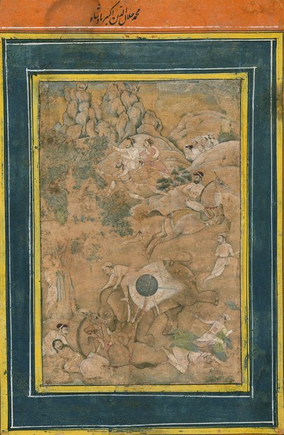 17 वीं सदी की शुरुआत में एक हाथी को नियंत्रित करने वाला सम्राट अकबर द्वारा मुगल स्कूल